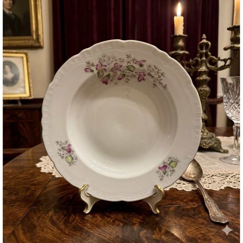 Vintage Wild Flower Czechoslovakia Porcelain Soup Bowl Scalloped Ribbed Rim